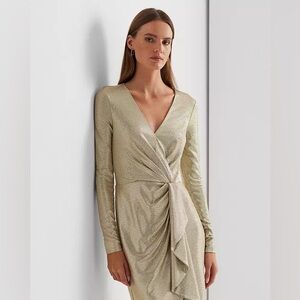NWT Lauren Ralph Lauren Gold Gown Metallic Ruffle Front Cocktail Dress Size 14